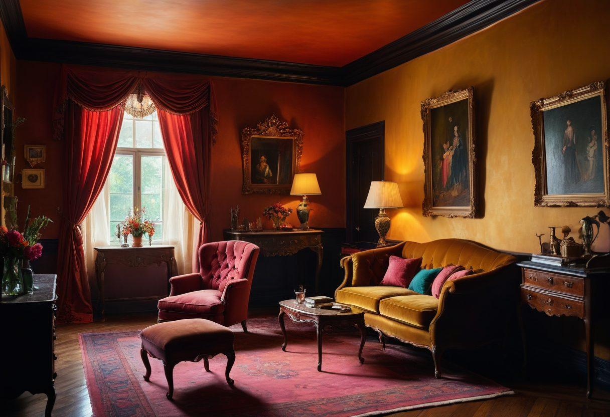 A dimly lit, intimate room with velvet furnishings and vintage decor, capturing the allure and mystery of an adult entertainment setting. Silhouettes of diverse characters engaging in various artistic expressions of affection, merging traditional sensuality with unique elements of niche fetishes. Subtle use of shadows and soft focus to add intrigue and depth. painting. vibrant colors. expressive brushstrokes.