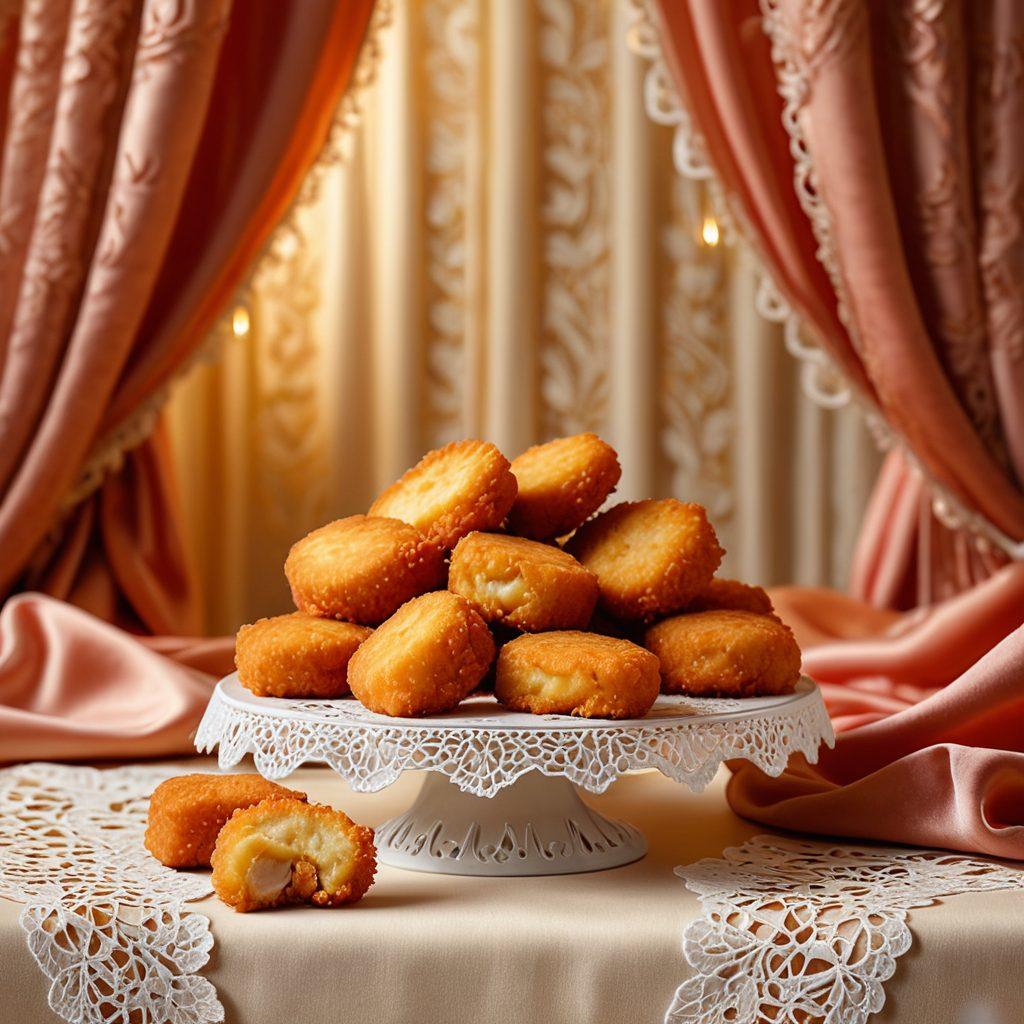 Illustration of tastefully arranged chicken nuggets in seductive poses, surrounded by delicate lace and velvet drapes. Emphasize the contrast between the ordinary food and an air of sophisticated intimacy. Use soft lighting to create a luxurious and enticing atmosphere. vector art. vibrant colors.