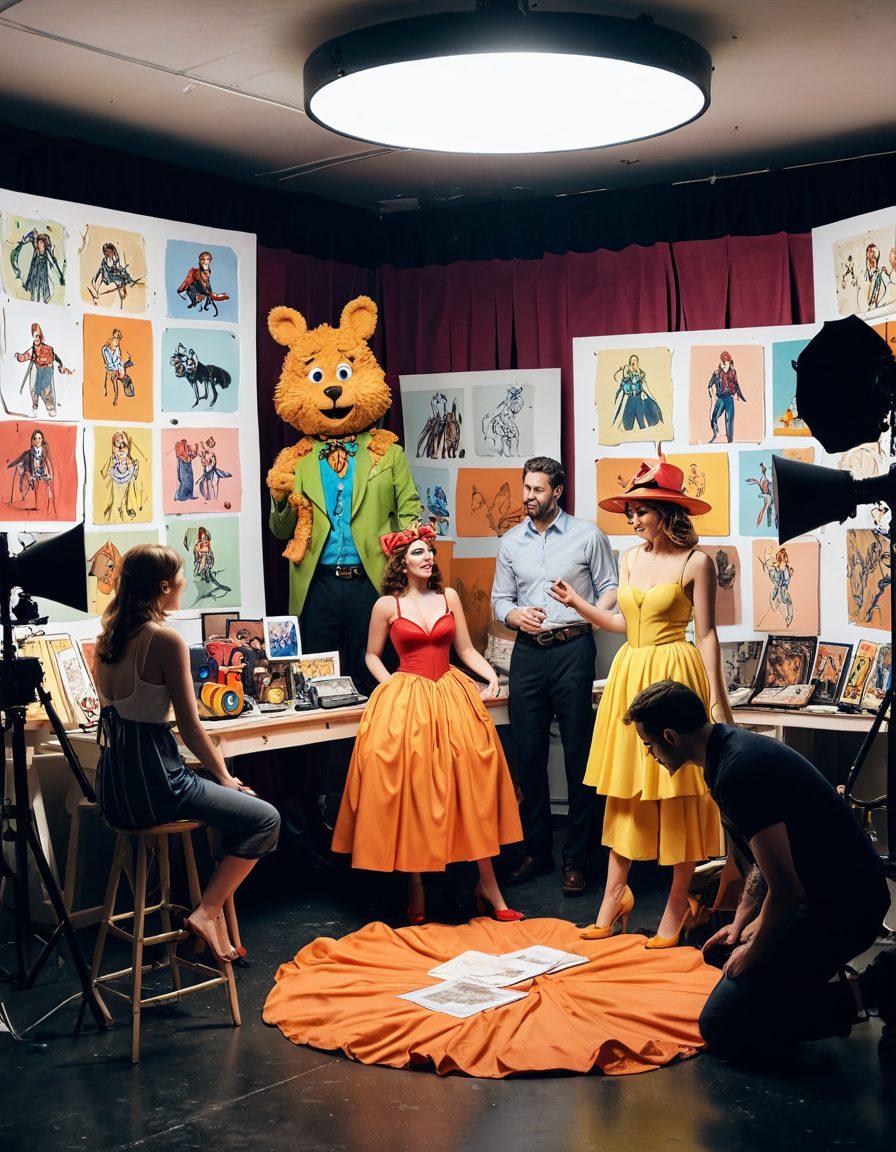 A whimsical backstage scene of an adult film set with a director orchestrating actors in playful costumes, surrounded by a collage of nugget-shaped props and film reels. Include a spotlight on the creative process with sketches and storyboards pinned on a board, and actors preparing in front of vanity mirrors. Cartoonish, vibrant colors, white background.